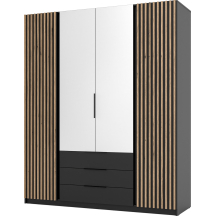Szafa czterodrzwiowa 2 fronty z lamelami 2 lustra 3S Czarny / Czarny / Dąb Evoke KAJA Podstawowe