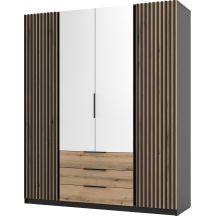 Szafa czterodrzwiowa 2 fronty z lamelami 2 lustra 3S Czarny / Dąb Evoke / Czarny KAJA Podstawowe