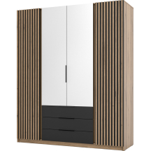 Szafa czterodrzwiowa 2 fronty z lamelami 2 lustra 3S Dąb Evoke / Czarny / Dąb Evoke KAJA Podstawowe