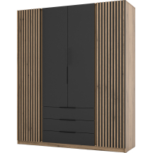 Szafa czterodrzwiowa 2 fronty z lamelami 3S Dąb Evoke / Czarny / Dąb Evoke KAJA Podstawowe