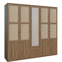 Szafa z lustrem i szufladami 220 cm GLKS952-Q249 Dąb Valencia / Rattan Naturalny GLENKEEN Podstawowe