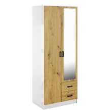 Szafa z lustrem dwudrzwiowa z szufladami KAMI Biały Mat / Dąb Artisan KAMI Podstawowe