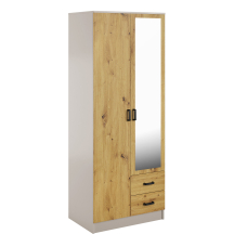 Szafa z lustrem dwudrzwiowa z szufladami KAMI Kaszmir Mat / Dąb Artisan KAMI Podstawowe