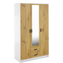 Szafa z lustrem trzydrzwiowa z szufladami KAMI Biały Mat / Dąb Artisan KAMI Podstawowe
