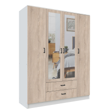 Szafa z lustrem 4-drzwiowa z szufladami KAMI Biały Mat / Dąb Sonoma KAMI Podstawowe