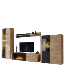 Zestaw mebli do salonu z biokominkiem ARON Dąb Ribbeck / Czarny Ryflowany ARON Podstawowe