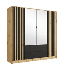 Szafa 4-drzwiowa z lustrem i szufladami 200 cm Dąb Artisan / Czarny Onyx KATANIA Podstawowe