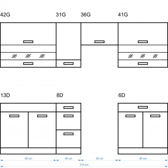 Zestaw mebli kuchennych B Plus 270 cm ECONO Widok z innej strony