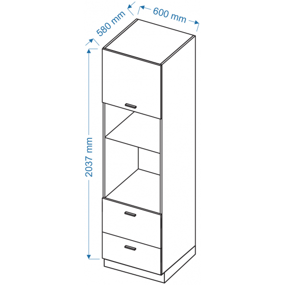Szafka dolna wysoka słupek pod zabudowę piekarnika i mikrofali 1 drzwi 2 szuflady SPM 6/2 ELIN Szkic