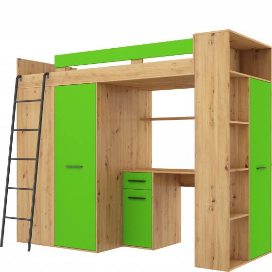 Łóżko piętrowe VERANA Lewe Dąb Artisan / Zielony Podstawowe