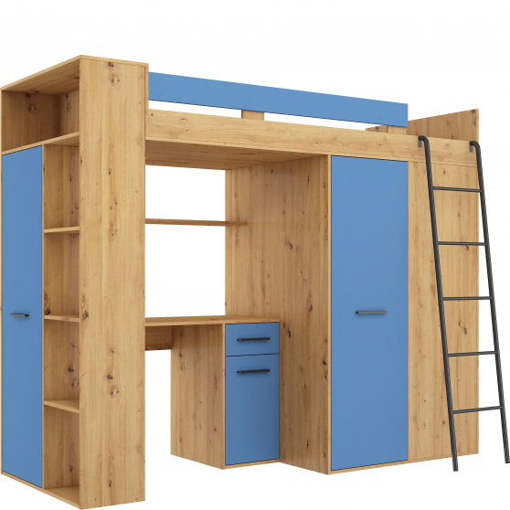 Łóżko piętrowe VERANA Prawe Dąb Artisan / Niebieski Podstawowe