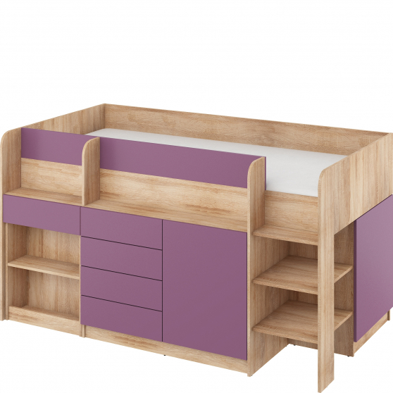 Łóżko piętrowe SMILE Prawe Sonoma Jasna / Fiolet Podstawowe