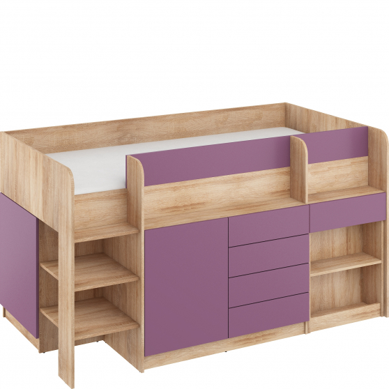 Łóżko piętrowe SMILE Lewe Sonoma Jasna / Fiolet Podstawowe