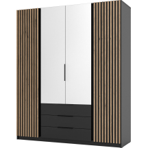 Szafa czterodrzwiowa 2 fronty z lamelami 2 lustra 3S Czarny / Czarny / Dąb Evoke KAJA Podstawowe
