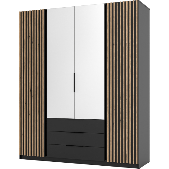 Szafa czterodrzwiowa 2 fronty z lamelami 2 lustra 3S Czarny / Czarny / Dąb Evoke KAJA Podstawowe
