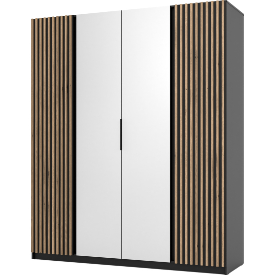 Szafa czterodrzwiowa 2 fronty z lamelami 2 lustra Czarny / Czarny / Dąb Evoke KAJA Podstawowe