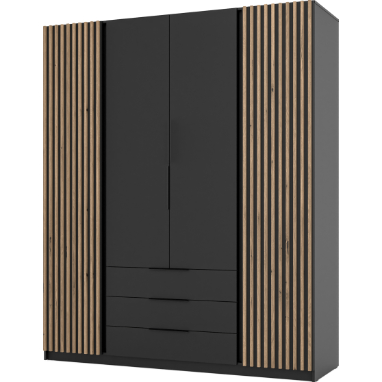 Szafa czterodrzwiowa 2 fronty z lamelami 3S Czarny / Czarny / Dąb Evoke KAJA Podstawowe
