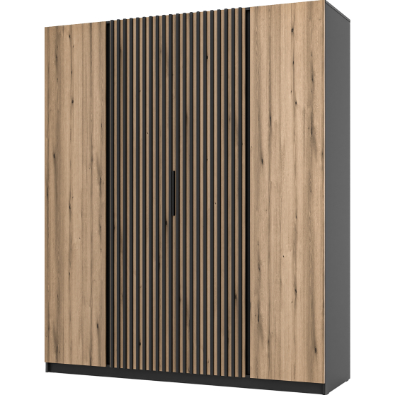Szafa czterodrzwiowa 2 fronty z lamelami Czarny / Dąb Evoke / Czarny KAJA Podstawowe