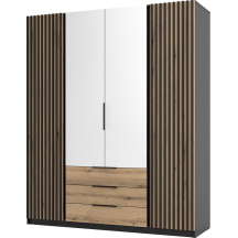 Szafa czterodrzwiowa 2 fronty z lamelami 2 lustra 3S Czarny / Dąb Evoke / Czarny KAJA Podstawowe