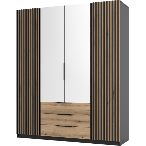 Szafa czterodrzwiowa 2 fronty z lamelami 2 lustra 3S Czarny / Dąb Evoke / Czarny KAJA Podstawowe