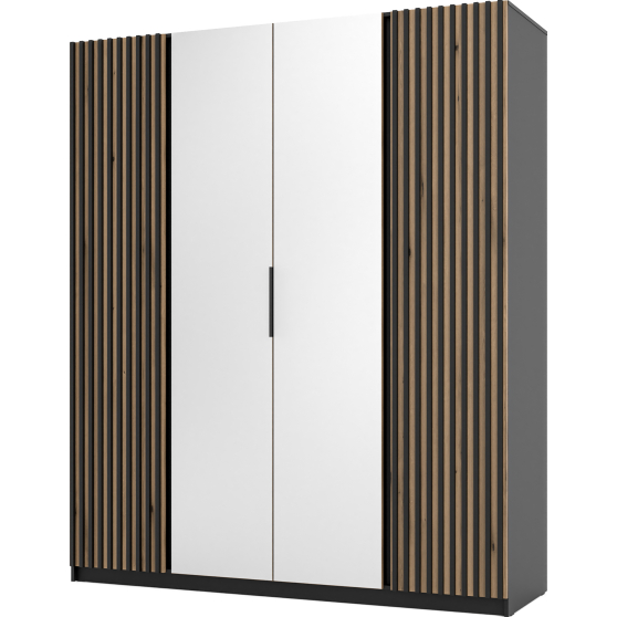 Szafa czterodrzwiowa 2 fronty z lamelami 2 lustra Czarny / Dąb Evoke / Czarny KAJA Podstawowe