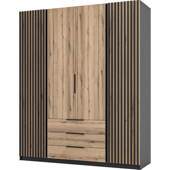 Szafa czterodrzwiowa 2 fronty z lamelami 3S Czarny / Dąb Evoke / Czarny KAJA Podstawowe