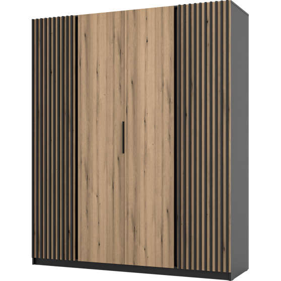 Szafa czterodrzwiowa 2 fronty z lamelami Czarny / Dąb Evoke / Czarny KAJA Podstawowe