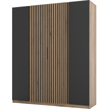 Szafa czterodrzwiowa 2 fronty z lamelami Dąb Evoke / Czarny / Dąb Evoke KAJA Podstawowe