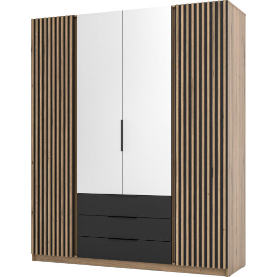 Szafa czterodrzwiowa 2 fronty z lamelami 2 lustra 3S Dąb Evoke / Czarny / Dąb Evoke KAJA Podstawowe