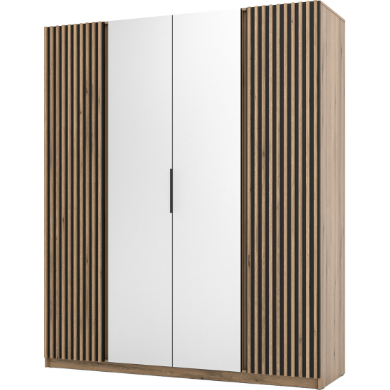 Szafa czterodrzwiowa 2 fronty z lamelami 2 lustra Dąb Evoke / Czarny / Dąb Evoke KAJA Podstawowe