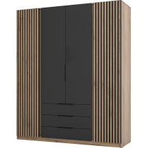 Szafa czterodrzwiowa 2 fronty z lamelami 3S Dąb Evoke / Czarny / Dąb Evoke KAJA Podstawowe