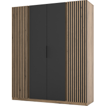 Szafa czterodrzwiowa 2 fronty z lamelami Dąb Evoke / Czarny / Dąb Evoke KAJA Podstawowe