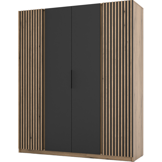 Szafa czterodrzwiowa 2 fronty z lamelami Dąb Evoke / Czarny / Dąb Evoke KAJA Podstawowe
