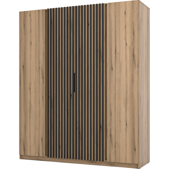 Szafa czterodrzwiowa 2 fronty z lamelami Dąb Evoke / Dąb Evoke / Czarny KAJA Podstawowe