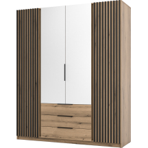 Szafa czterodrzwiowa 2 fronty z lamelami 2 lustra 3S Dąb Evoke / Dąb Evoke / Czarny KAJA Podstawowe