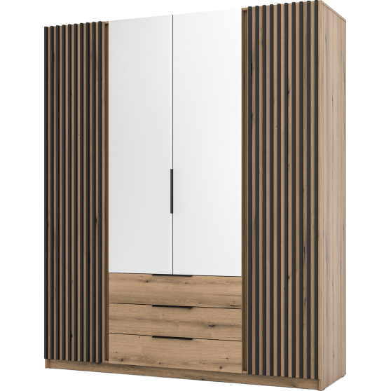Szafa czterodrzwiowa 2 fronty z lamelami 2 lustra 3S Dąb Evoke / Dąb Evoke / Czarny KAJA Podstawowe