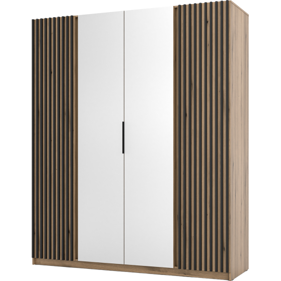 Szafa czterodrzwiowa 2 fronty z lamelami 2 lustra Dąb Evoke / Dąb Evoke / Czarny KAJA Podstawowe
