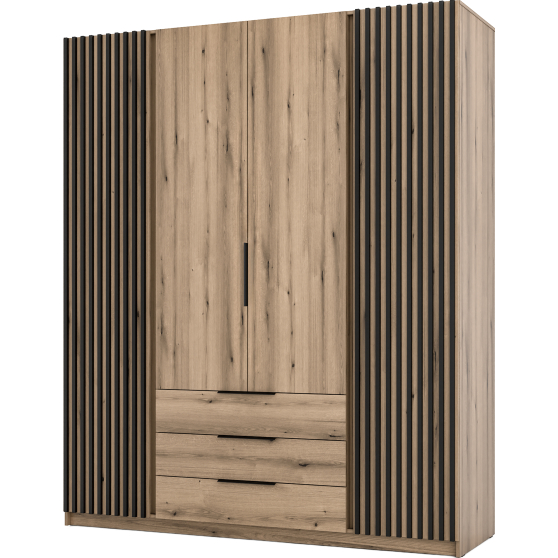 Szafa czterodrzwiowa 2 fronty z lamelami 3S Dąb Evoke / Dąb Evoke / Czarny KAJA Podstawowe