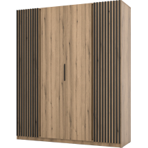 Szafa czterodrzwiowa 2 fronty z lamelami Dąb Evoke / Dąb Evoke / Czarny KAJA Podstawowe