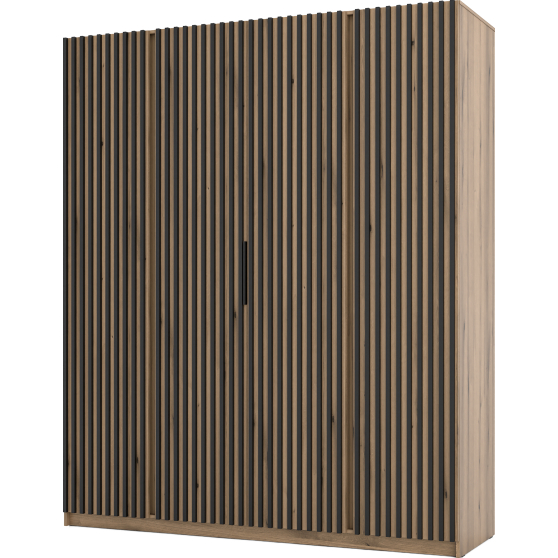 Szafa czterodrzwiowa fronty z lamelami Dąb Evoke / Dąb Evoke / Czarny KAJA Podstawowe