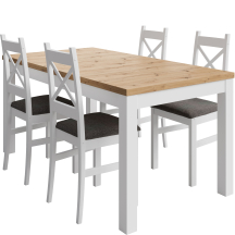 Zestaw stół prostokątny rozkładany AGAT Artisan/Biały i 4 krzesła tapicerowane do jadalni ALINA Podstawowe