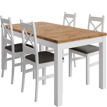 Zestaw stół prostokątny rozkładany AGAT Wotan/Biały i 4 krzesła tapicerowane do jadalni ALINA Podstawowe