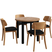 Zestaw stół okrągły PERLA Wotan/Czarny i 4 krzesła tapicerowane do jadalni MADI Podstawowe