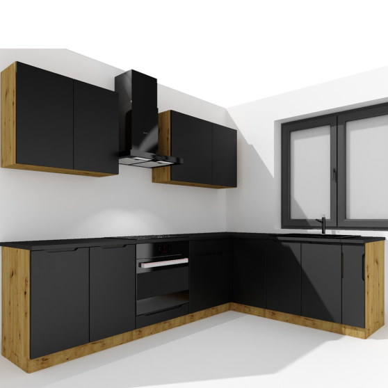 Zestaw mebli kuchennych 2,0 x 2,6 Czarny Groszek / Dąb Artisan ISABEL Podstawowe