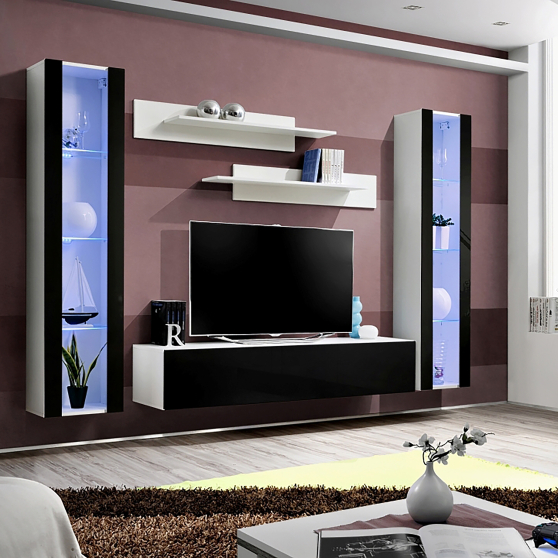 Meblościanka z oświetleniem A2 Biały / Czarny Połysk FLY BIAŁY / CZARNY POŁYSK Podstawowe