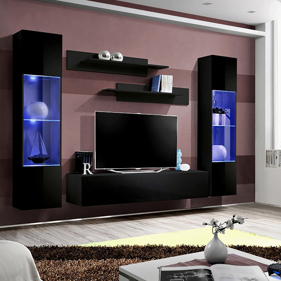 Meblościanka z oświetleniem A3 Czarny / Czarny Połysk FLY CZARNY / CZARNY POŁYSK Podstawowe