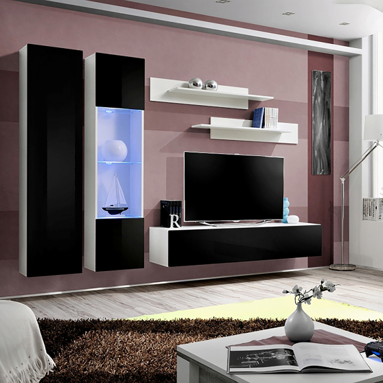 Meblościanka z oświetleniem A5 Biały / Czarny Połysk FLY BIAŁY / CZARNY POŁYSK Podstawowe