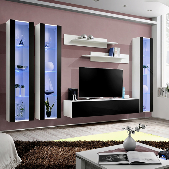 Meblościanka z oświetleniem C2 Biały / Czarny Połysk FLY BIAŁY / CZARNY POŁYSK Podstawowe