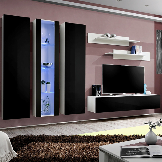 Meblościanka z oświetleniem C4 Biały / Czarny Połysk FLY BIAŁY / CZARNY POŁYSK Podstawowe