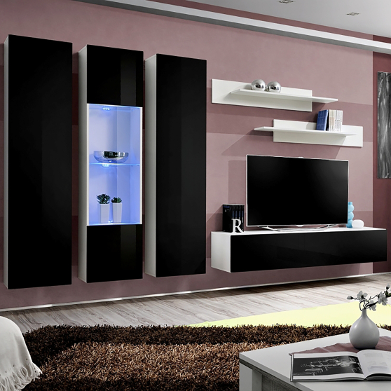 Meblościanka z oświetleniem C5 Biały / Czarny Połysk FLY BIAŁY / CZARNY POŁYSK Podstawowe